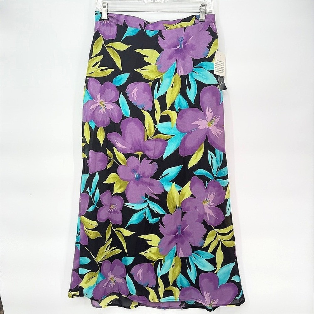 JKLA California Floral Maxi Skirt Black Purple Tropical Summer Boho VTG New MD